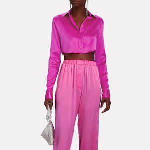 NWT BACKGROUNDE NYC Uma Cropped Silk-Blend Shirt Intermix Pink P XS